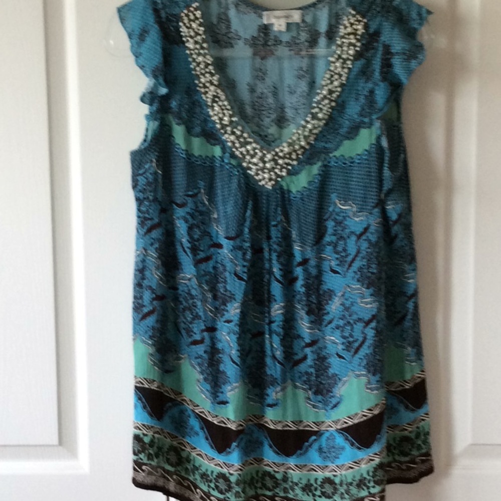Flutter sleeve beaded neckline blouse